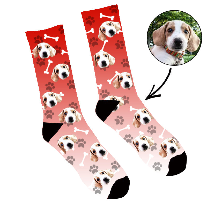 Custom Face Socks Gradient Dog Footprint  Red - Make Custom Gifts