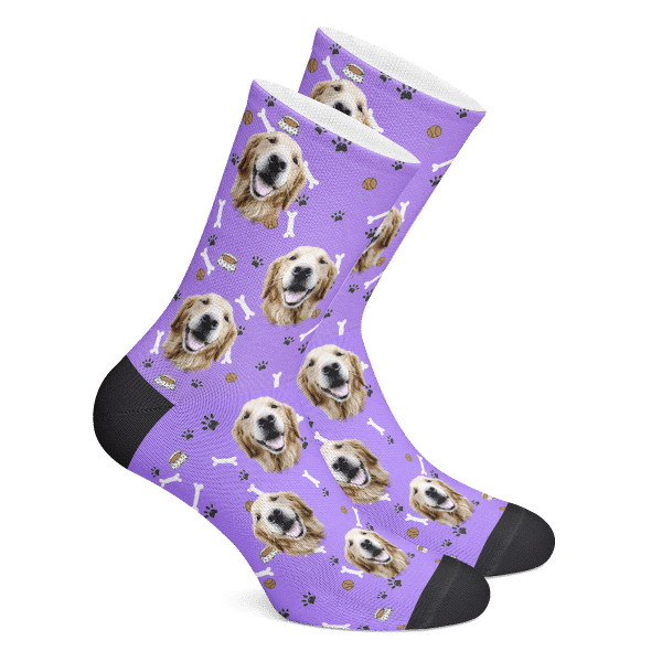 Custom Face Socks Gradient Dog Footprint Purple