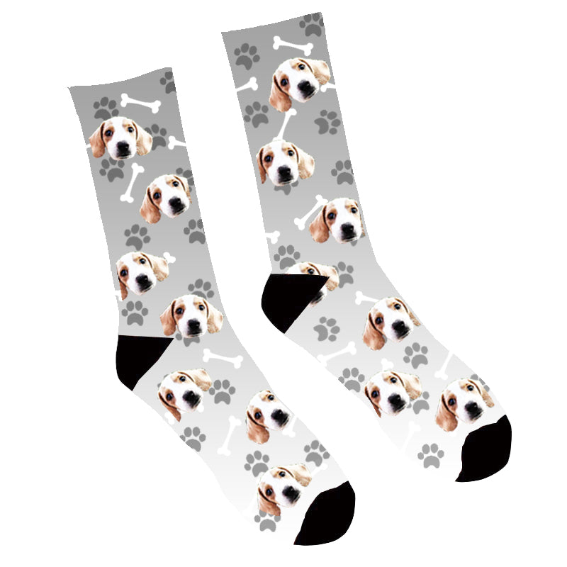 Custom Face Socks Gradient Dog Footprint Grey - Make Custom Gifts