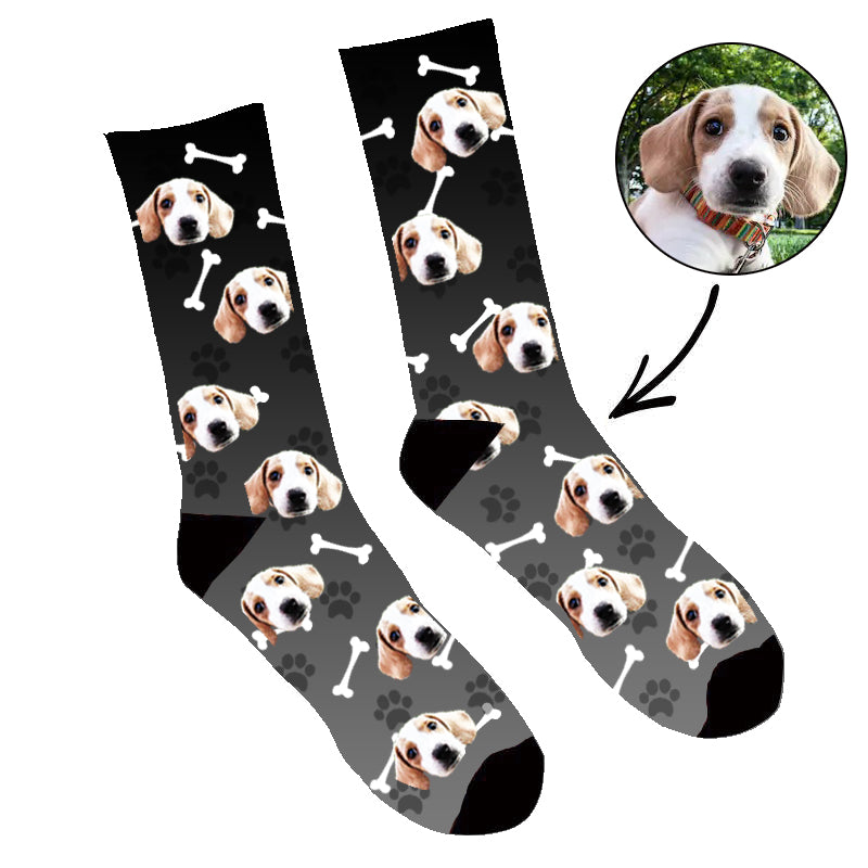 Custom Face Socks Gradient Dog Footprint Black - Make Custom Gifts