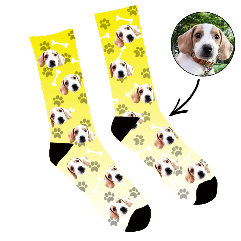 Custom Face Socks Gradient Dog Footprint  Yellow - Make Custom Gifts