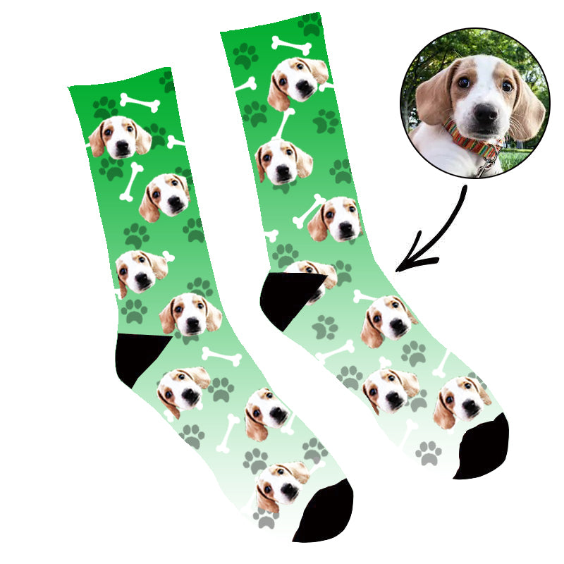 Custom Face Socks Gradient Dog Footprintt Green - Make Custom Gifts