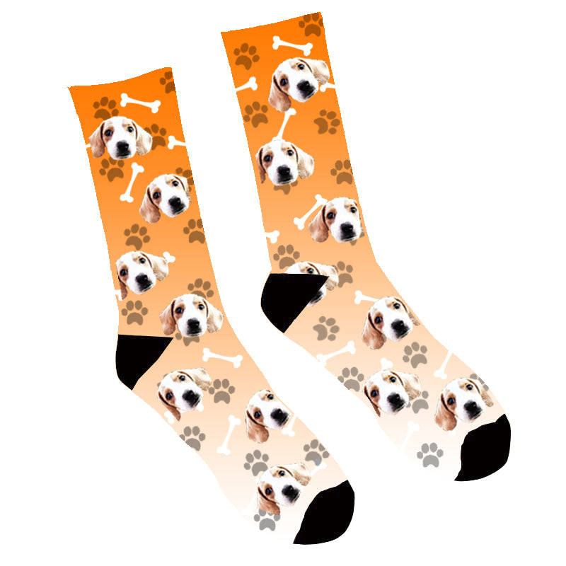 Custom Face Socks Gradient Dog Footprint Orange - Make Custom Gifts