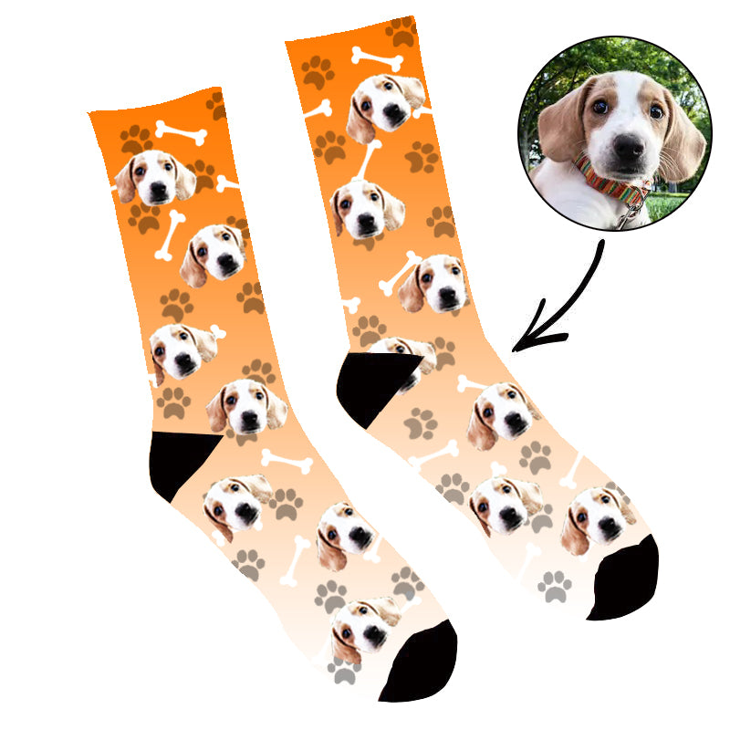 Custom Face Socks Gradient Dog Footprint Orange - Make Custom Gifts
