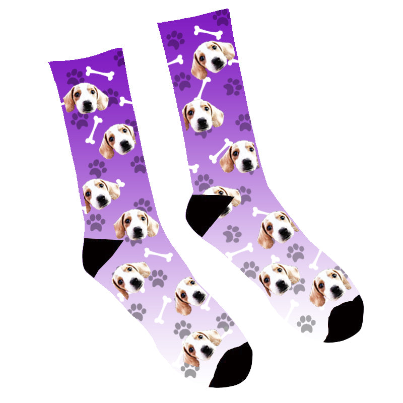Custom Face Socks Gradient Dog Footprint Purple - Make Custom Gifts