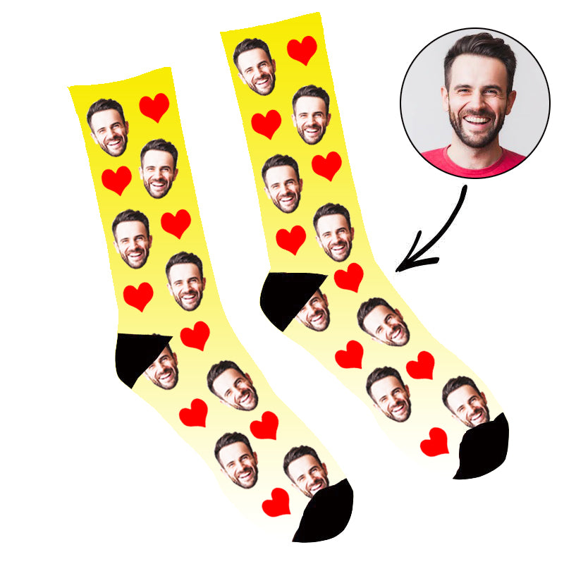 Custom Face Socks Gradient Heart Yellow - Make Custom Gifts