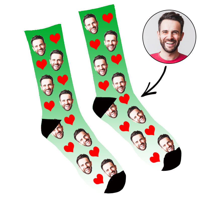 Custom Face Socks Gradient Heart Green - Make Custom Gifts