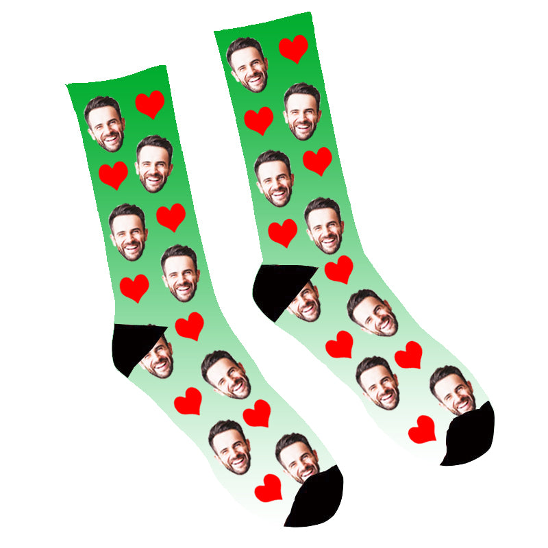 Custom Face Socks Gradient Heart Green - Make Custom Gifts