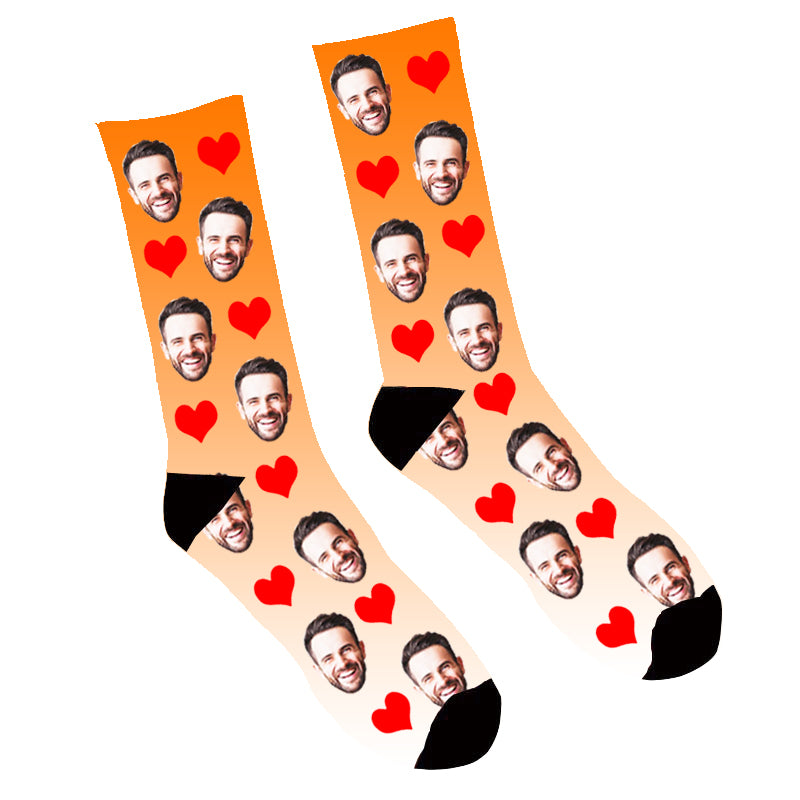 Custom Face Socks Gradient Heart Orange - Make Custom Gifts