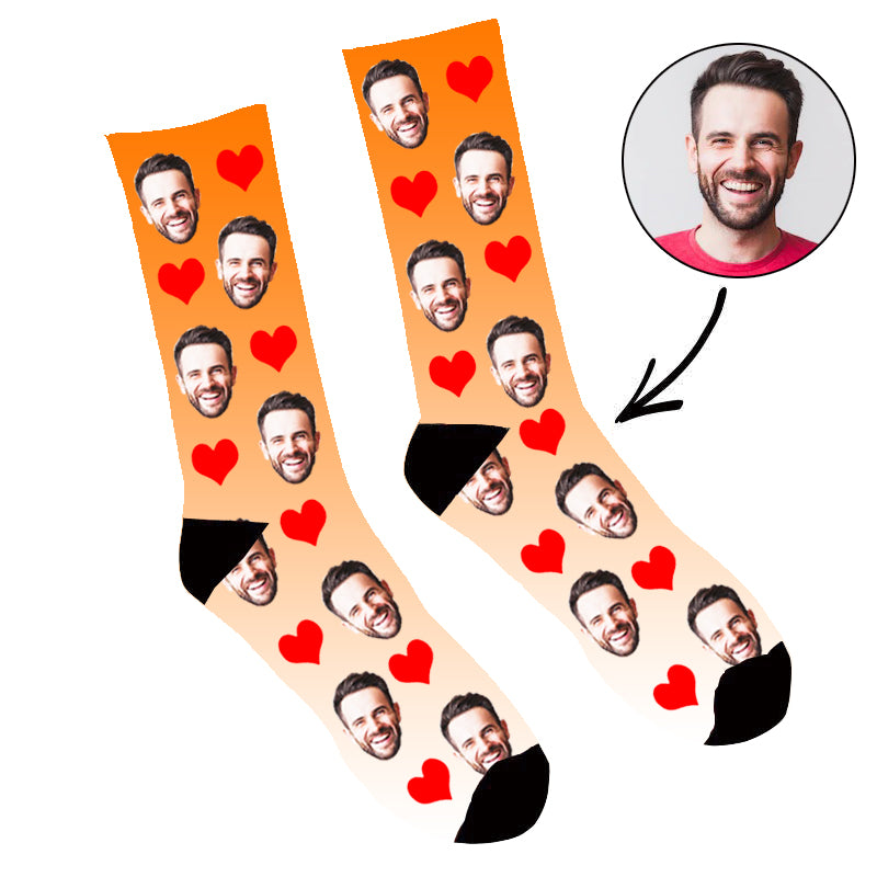 Custom Face Socks Gradient Heart Orange - Make Custom Gifts